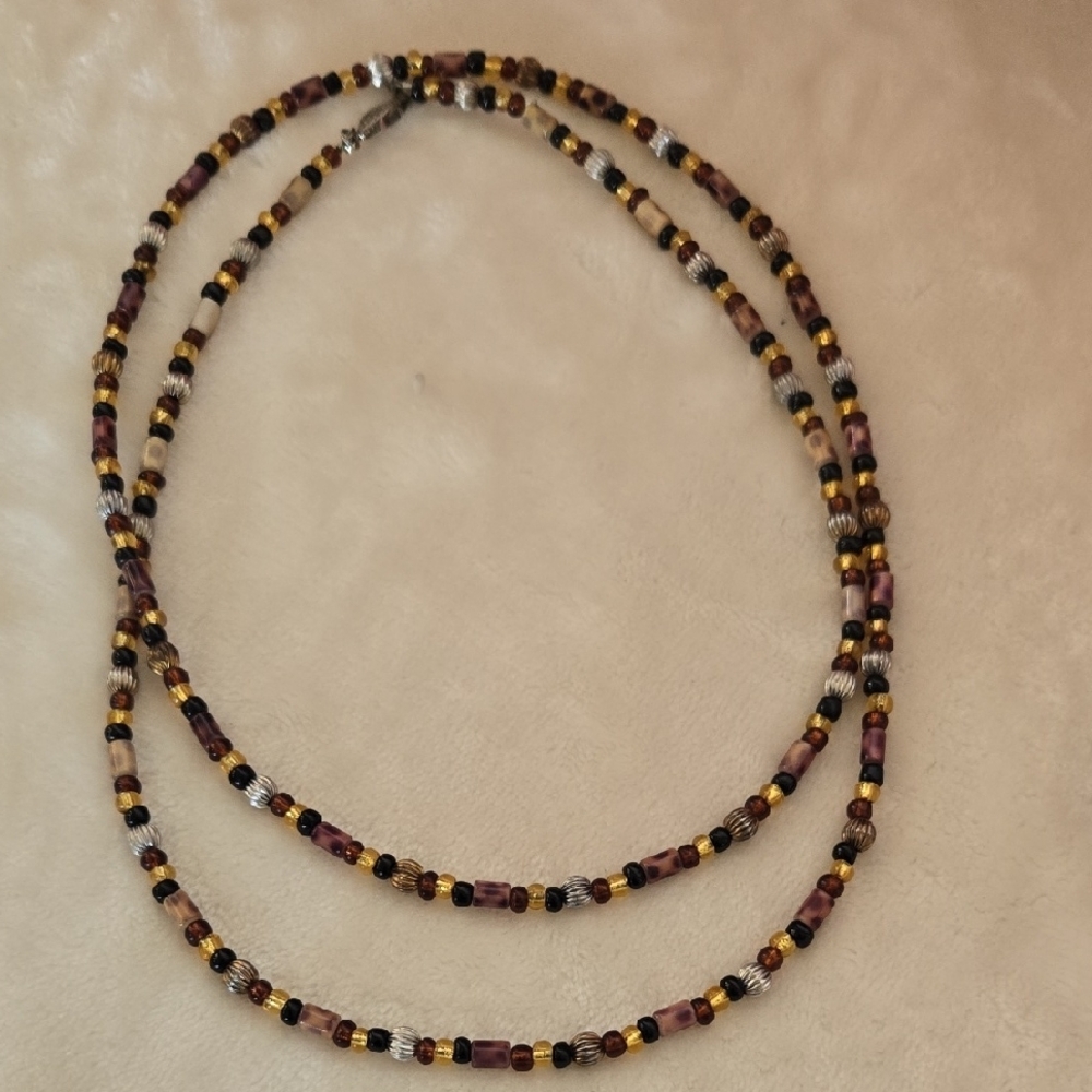 Elegant Beaded Necklace - Black, Gold, and Purple